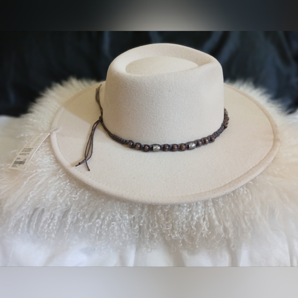 Elegant Cream Wool Boho Hat with Beaded Band